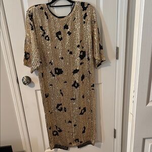 Vintage Black and Gold Sheath Midi Dress with Dolman Sleeves